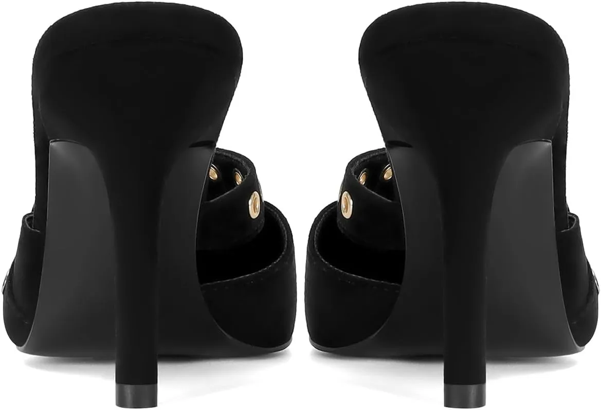 Dsevht Black Kitten Heels for Women Pointed Closed Toe Dressy Bow Heel Vintage Heeled Mules Sexy Pointy Studded Slip on Stiletto Pump Shoes