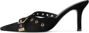 Dsevht Black Kitten Heels for Women Pointed Closed Toe Dressy Bow Heel Vintage Heeled Mules Sexy Pointy Studded Slip on Stiletto Pump Shoes