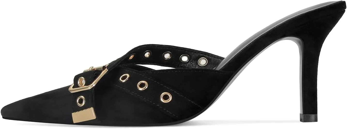 Dsevht Black Kitten Heels for Women Pointed Closed Toe Dressy Bow Heel Vintage Heeled Mules Sexy Pointy Studded Slip on Stiletto Pump Shoes