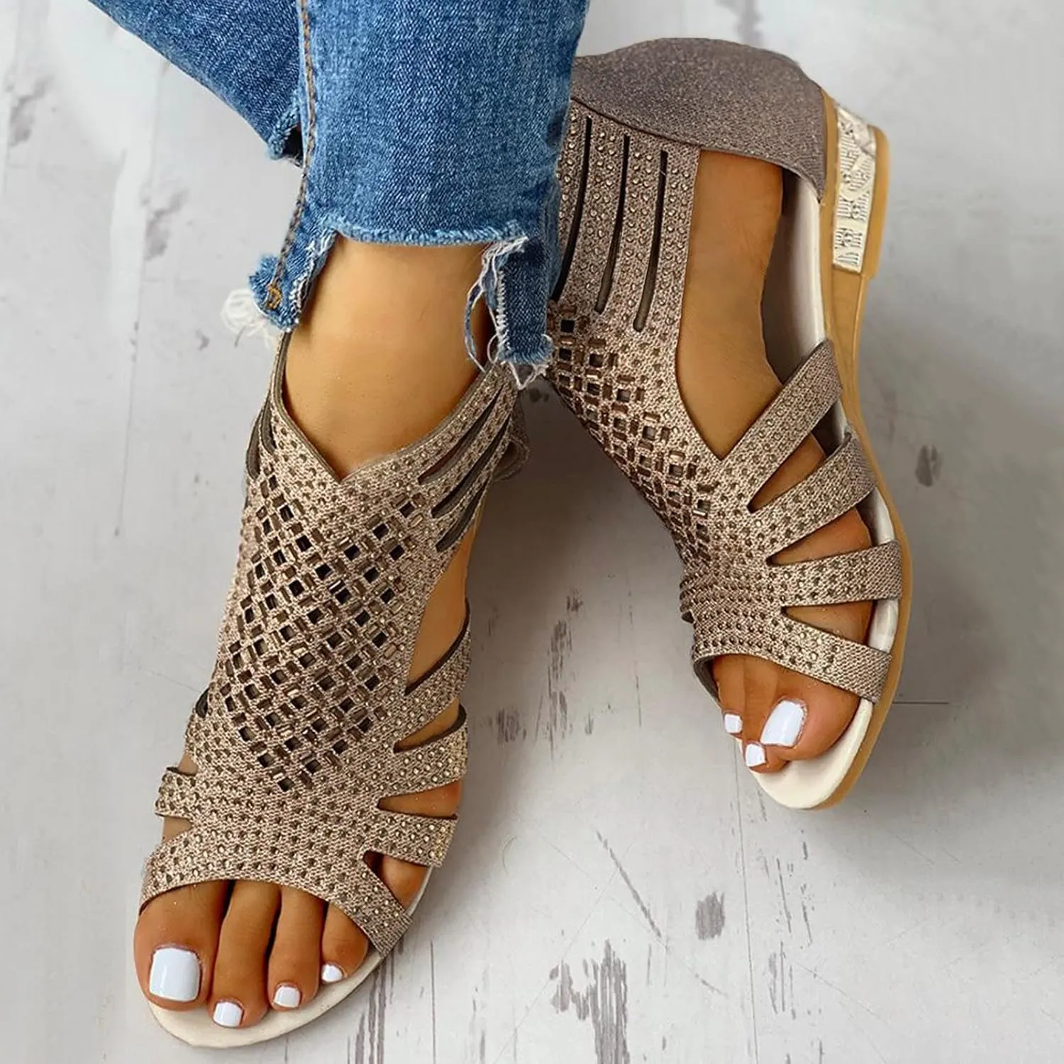 Eduavar Sandals for Women Dressy,Boho Sandals Womens Sandals Low Wedges Peep Toe Wrapped Sexy Cute Diamond Dressy Sandals