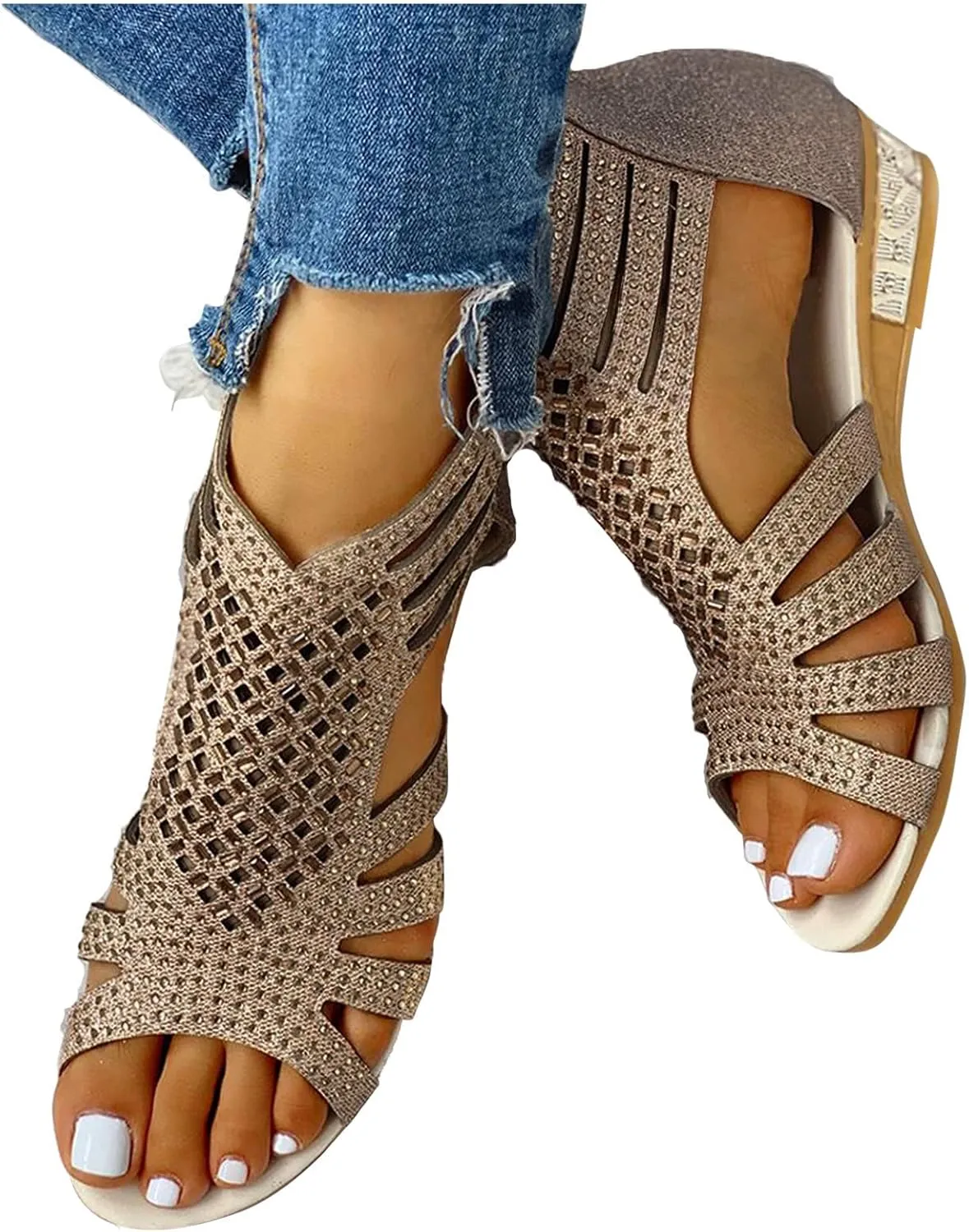 Eduavar Sandals for Women Dressy,Boho Sandals Womens Sandals Low Wedges Peep Toe Wrapped Sexy Cute Diamond Dressy Sandals