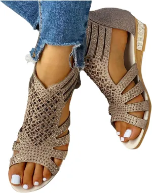 Eduavar Sandals for Women Dressy,Boho Sandals Womens Sandals Low Wedges Peep Toe Wrapped Sexy Cute Diamond Dressy Sandals