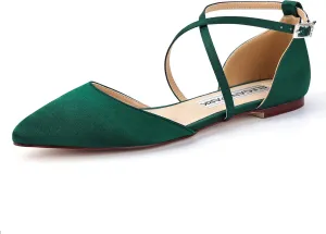 ELEGANTPARK FC2322 Comfortable Satin Pointed Toe Flats for Women Ankle Straps Wedding Flats for Bride Shoes Evening Party Guest Shoes for Women Dressy Low Heel