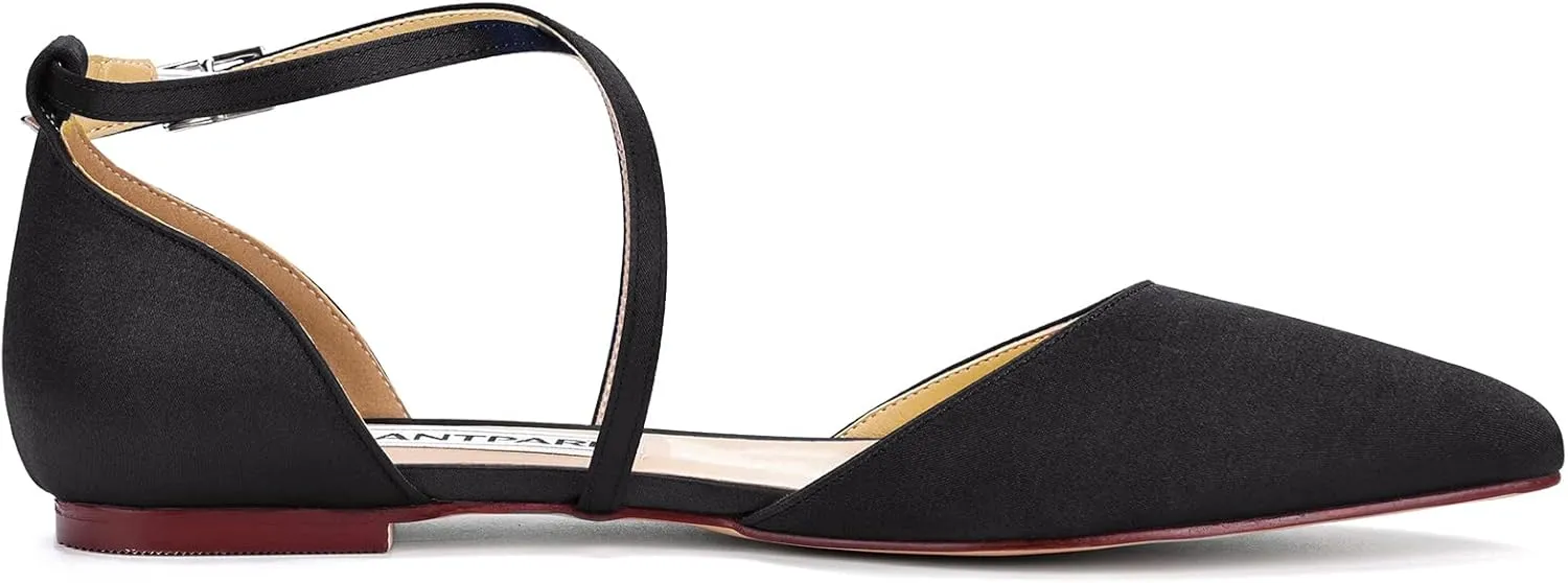 ELEGANTPARK FC2322 Comfortable Satin Pointed Toe Flats for Women Ankle Straps Wedding Flats for Bride Shoes Evening Party Guest Shoes for Women Dressy Low Heel