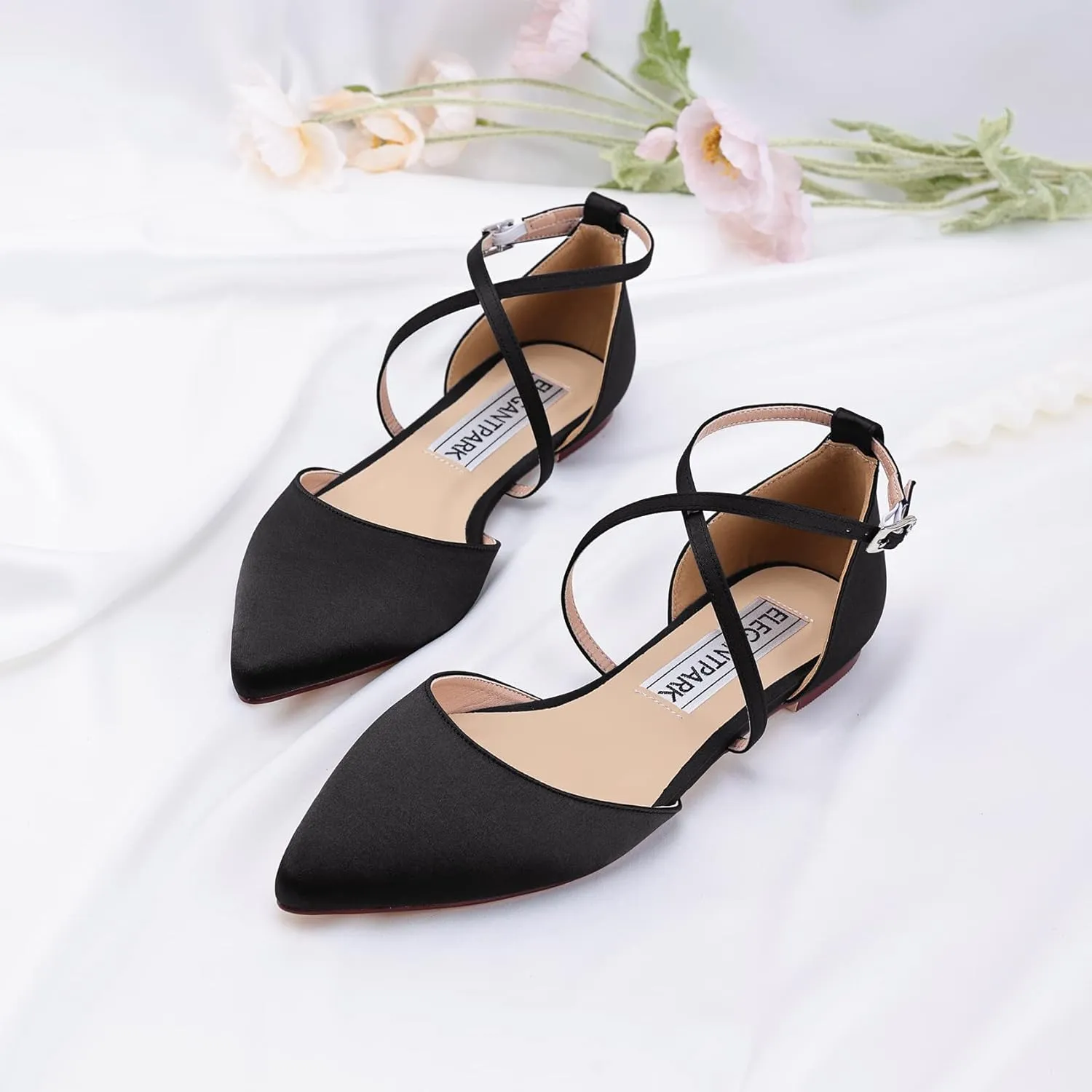 ELEGANTPARK FC2322 Comfortable Satin Pointed Toe Flats for Women Ankle Straps Wedding Flats for Bride Shoes Evening Party Guest Shoes for Women Dressy Low Heel