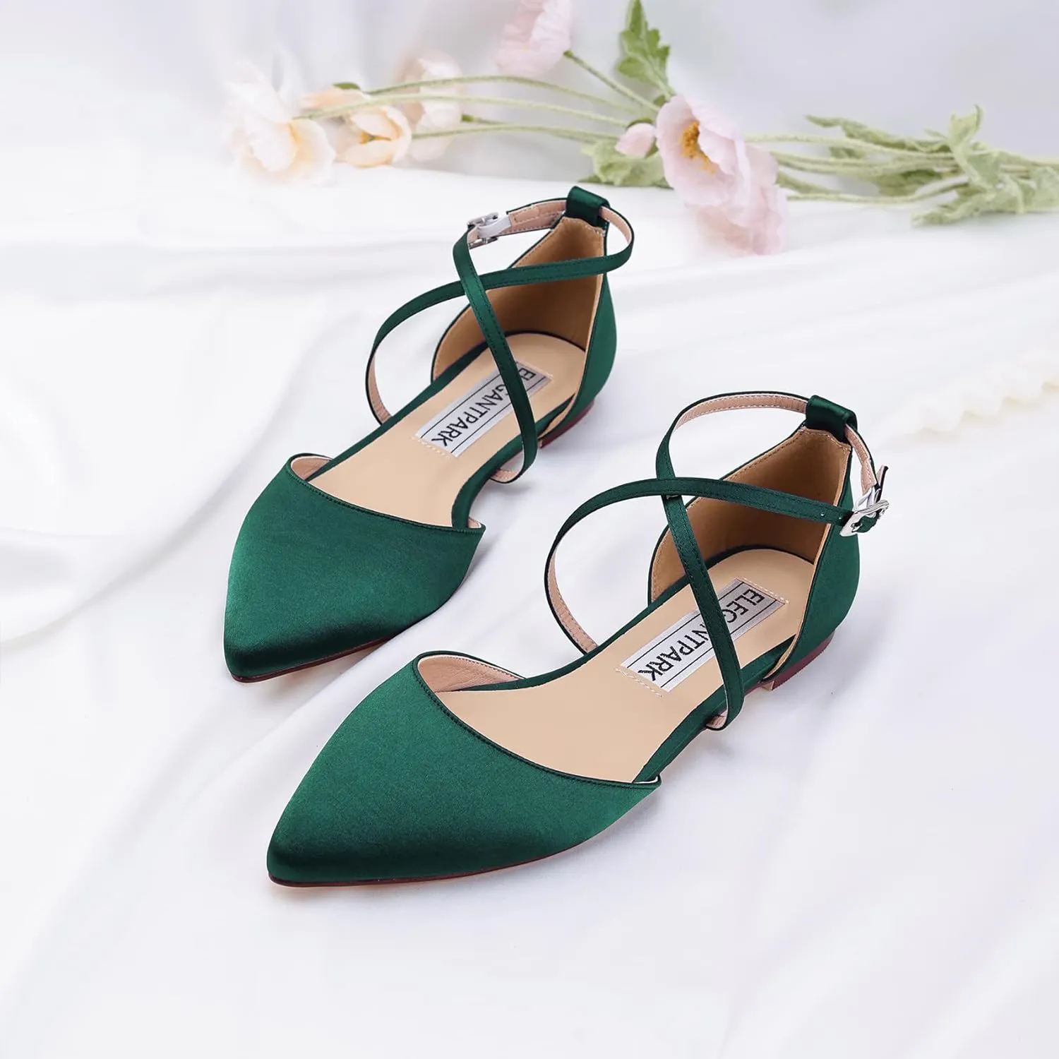ELEGANTPARK FC2322 Comfortable Satin Pointed Toe Flats for Women Ankle Straps Wedding Flats for Bride Shoes Evening Party Guest Shoes for Women Dressy Low Heel