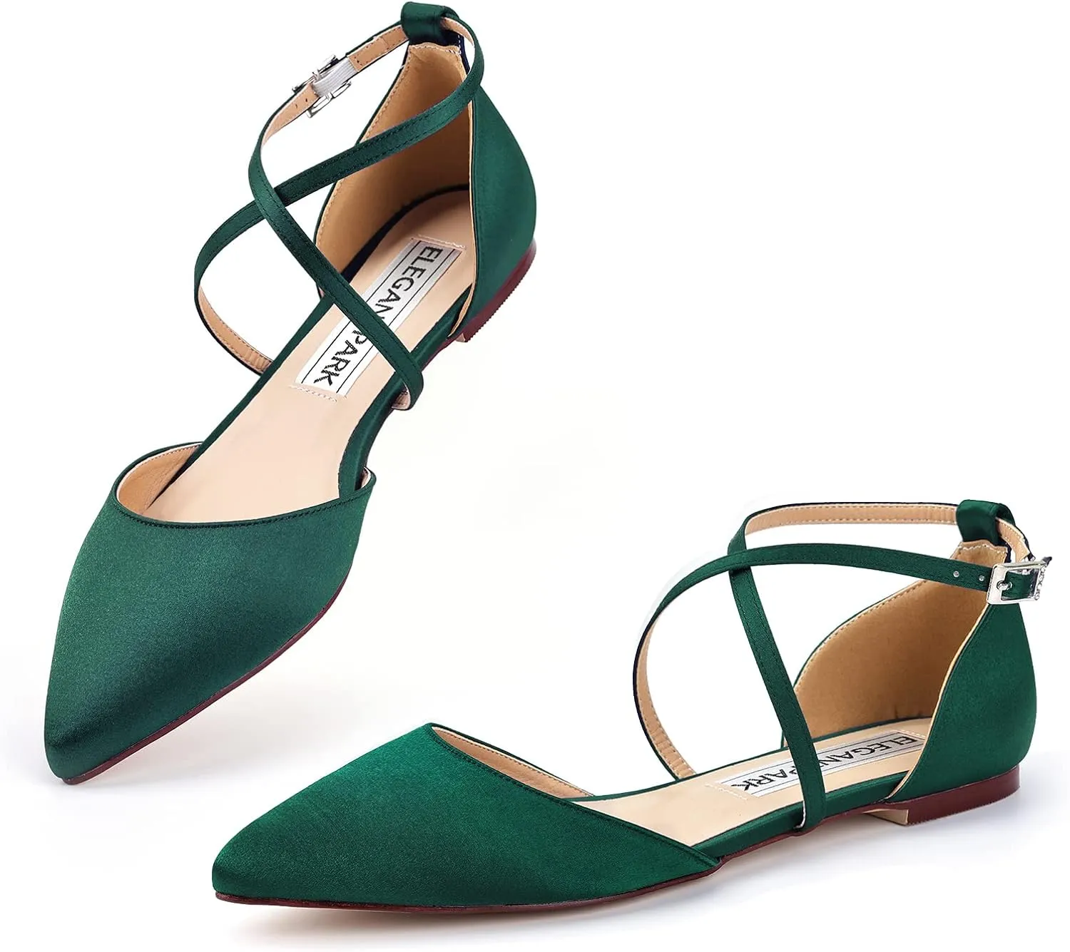 ELEGANTPARK FC2322 Comfortable Satin Pointed Toe Flats for Women Ankle Straps Wedding Flats for Bride Shoes Evening Party Guest Shoes for Women Dressy Low Heel