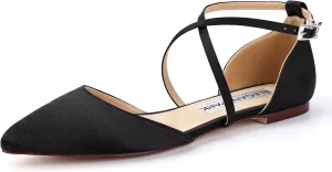 ELEGANTPARK FC2322 Comfortable Satin Pointed Toe Flats for Women Ankle Straps Wedding Flats for Bride Shoes Evening Party Guest Shoes for Women Dressy Low Heel
