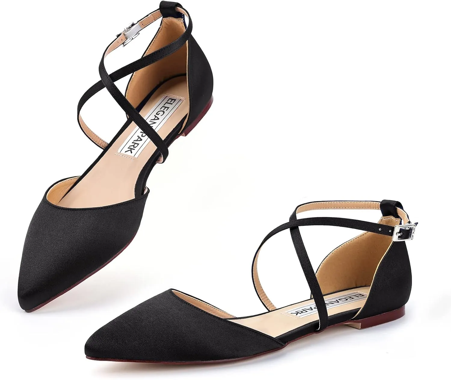 ELEGANTPARK FC2322 Comfortable Satin Pointed Toe Flats for Women Ankle Straps Wedding Flats for Bride Shoes Evening Party Guest Shoes for Women Dressy Low Heel