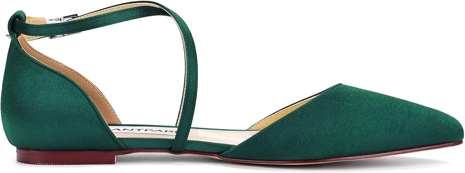 ELEGANTPARK FC2322 Comfortable Satin Pointed Toe Flats for Women Ankle Straps Wedding Flats for Bride Shoes Evening Party Guest Shoes for Women Dressy Low Heel