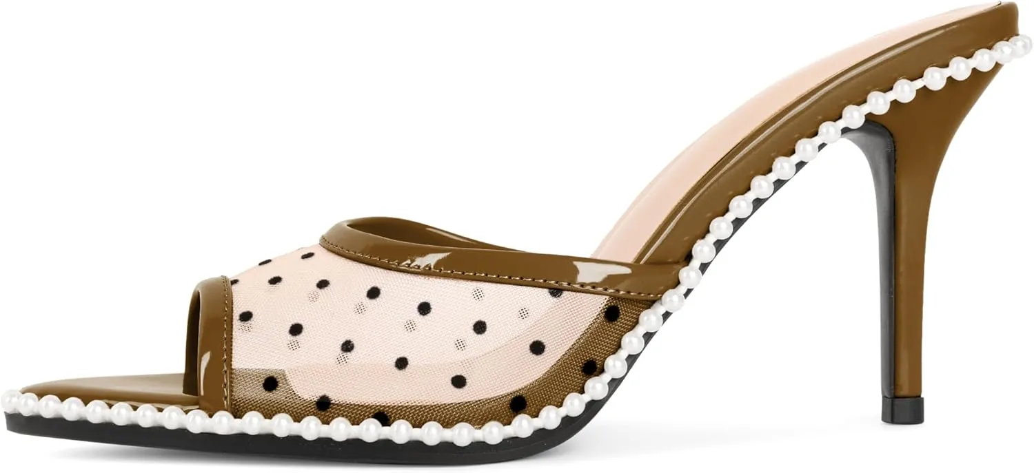 Esvowido Womens Mesh Mule Heels Pointed Open Toe with Beaded Accents Slip On Party Wedding Heels