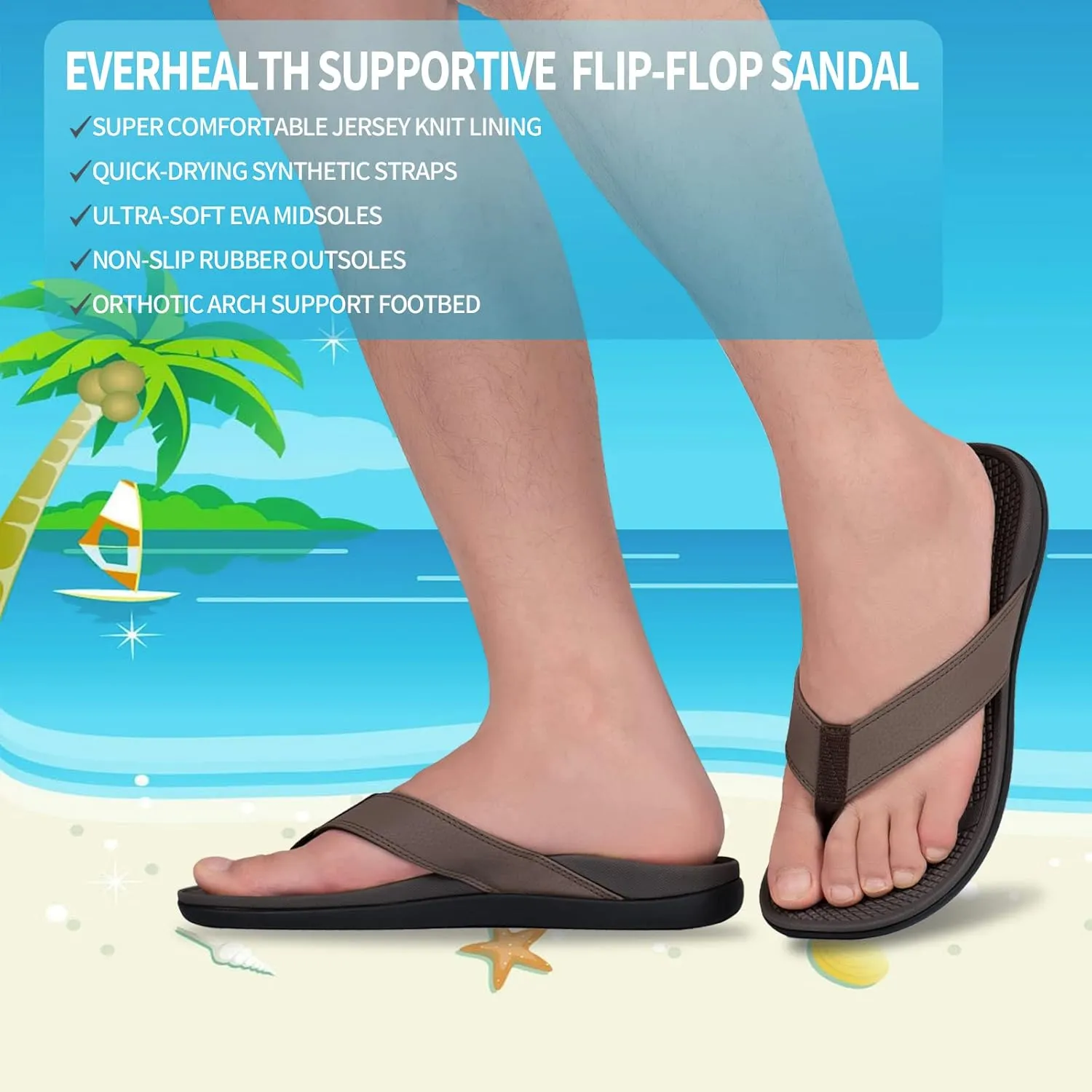 Everhealth Men's Orthotic Flip Flops Arch Support Sandals, Plantar Fasciitis Flat Feet Heel Pain Relief Flip Flop Slides, Non-Slip Supportive Beach Walking Toe-Post Sandals