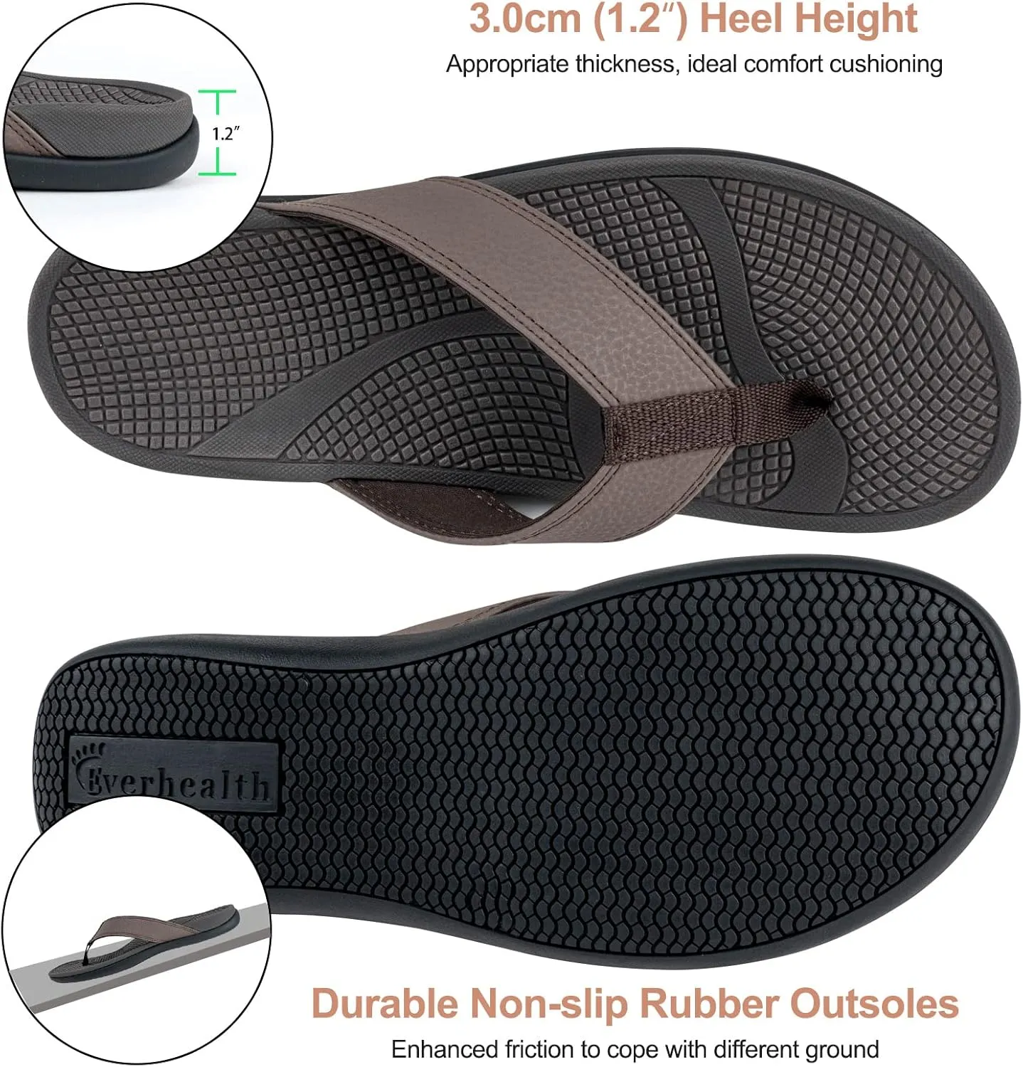 Everhealth Men's Orthotic Flip Flops Arch Support Sandals, Plantar Fasciitis Flat Feet Heel Pain Relief Flip Flop Slides, Non-Slip Supportive Beach Walking Toe-Post Sandals