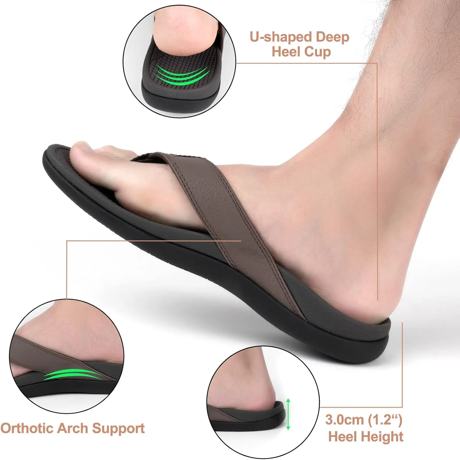 Everhealth Men's Orthotic Flip Flops Arch Support Sandals, Plantar Fasciitis Flat Feet Heel Pain Relief Flip Flop Slides, Non-Slip Supportive Beach Walking Toe-Post Sandals