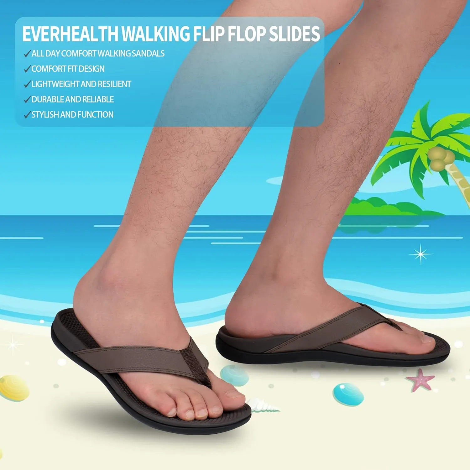 Everhealth Men's Orthotic Flip Flops Arch Support Sandals, Plantar Fasciitis Flat Feet Heel Pain Relief Flip Flop Slides, Non-Slip Supportive Beach Walking Toe-Post Sandals