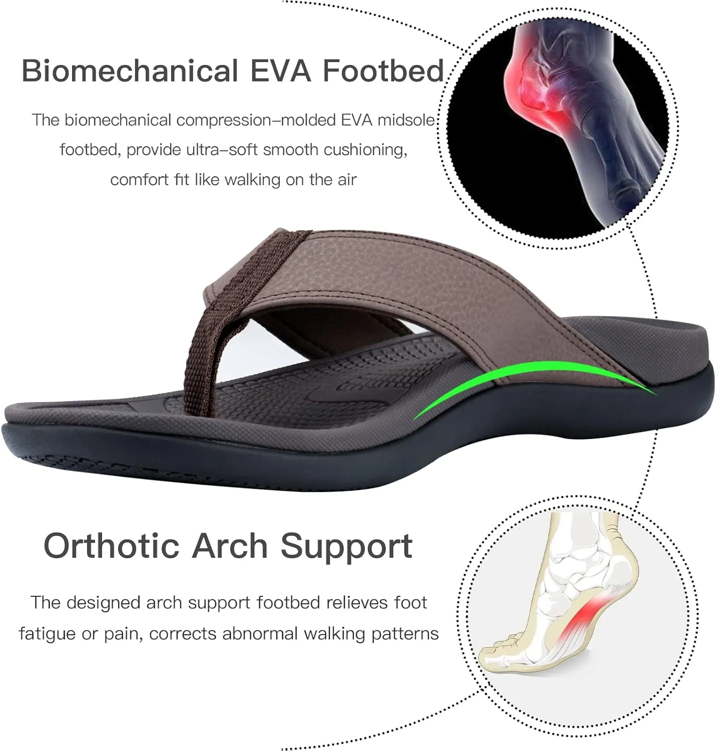 Everhealth Men's Orthotic Flip Flops Arch Support Sandals, Plantar Fasciitis Flat Feet Heel Pain Relief Flip Flop Slides, Non-Slip Supportive Beach Walking Toe-Post Sandals