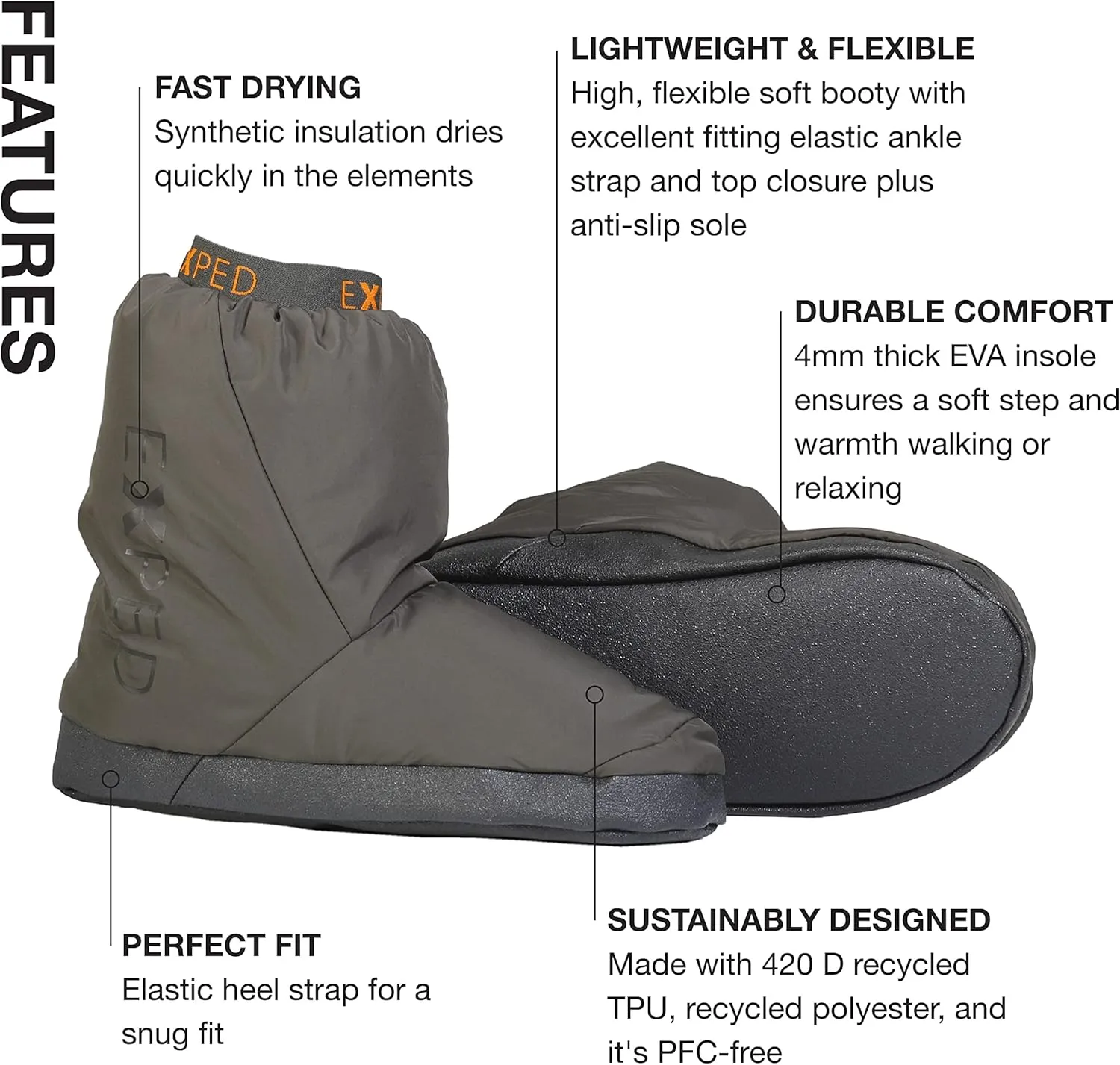 Exped Camp Booty - Warm Comfortable & Cozy, Fast-Drying Durable Camping Slipper Booties, Unisex (S, M, L, XL)