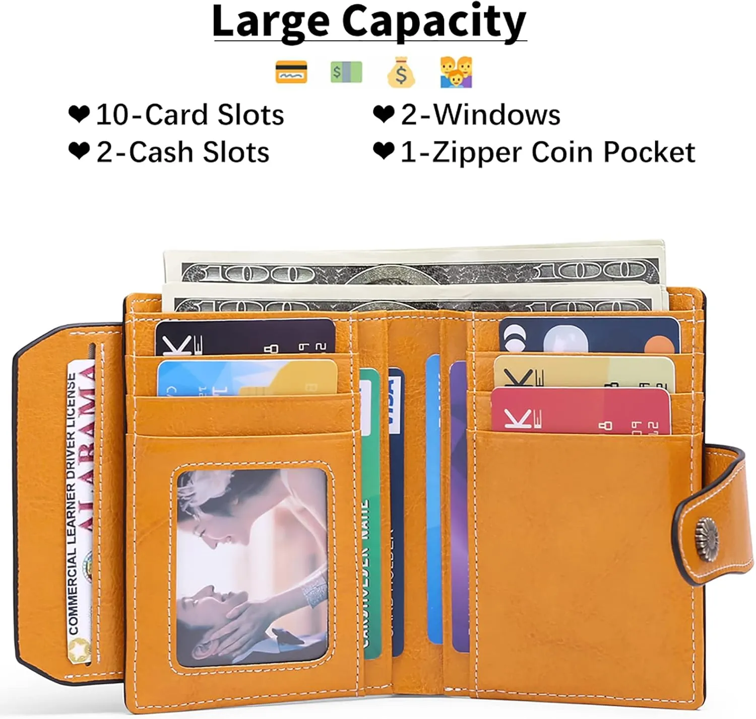 Falan Mule Women's Wallet, Genuine Leather, Bifold, RFID Blocking, Antique Yellow, 10 Slots, 2 Windows, 1 Zipper Pocket, 2 Compartments