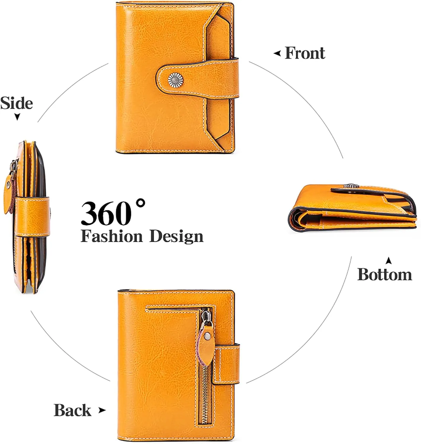 Falan Mule Women's Wallet, Genuine Leather, Bifold, RFID Blocking, Antique Yellow, 10 Slots, 2 Windows, 1 Zipper Pocket, 2 Compartments