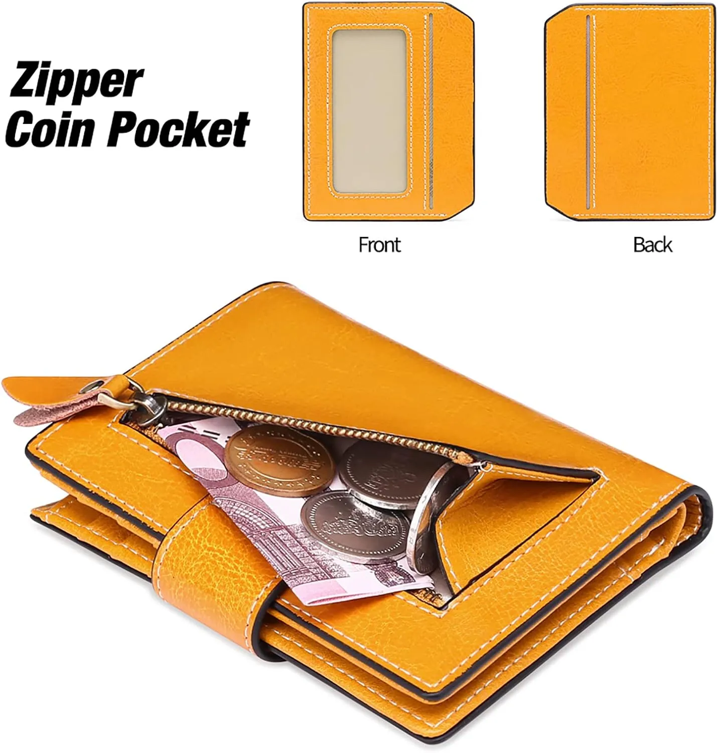 Falan Mule Women's Wallet, Genuine Leather, Bifold, RFID Blocking, Antique Yellow, 10 Slots, 2 Windows, 1 Zipper Pocket, 2 Compartments