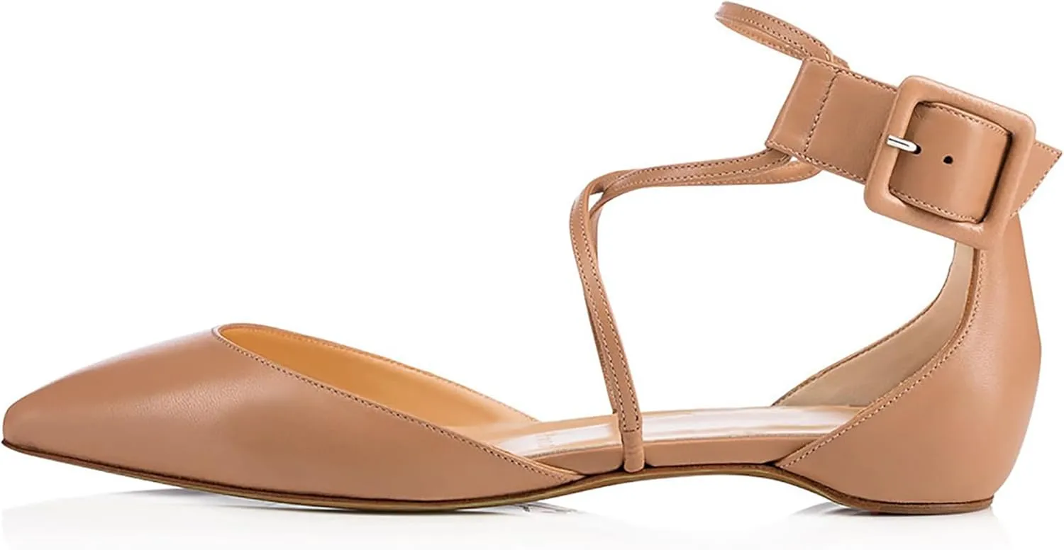 Fashion Cross Ankle Strap Buckle Flat Shoes for Women, Comfort Suede Daily Work Flat Low Heel, Elegant Side Hollow Walk Dress Drive Flat Shoes