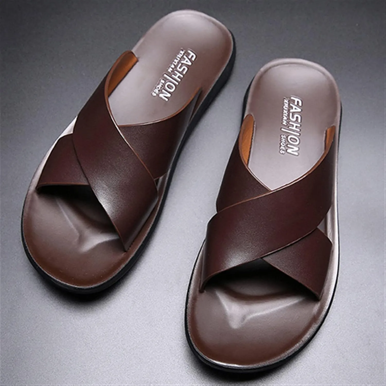 Fashion X Band Slipper For Men Solid Color Genuine Leather Open Toe Casual Slip On Beach Sandal anti-slip