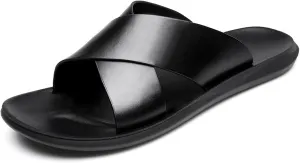 Fashion X Band Slipper For Men Solid Color Genuine Leather Open Toe Casual Slip On Beach Sandal anti-slip