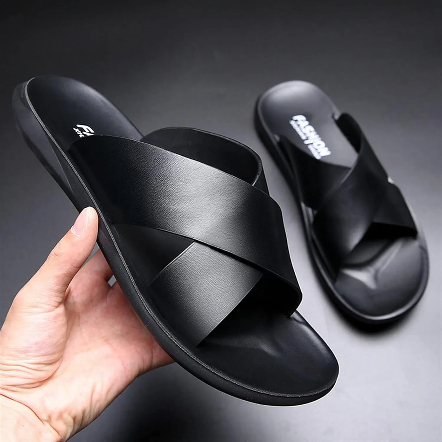Fashion X Band Slipper For Men Solid Color Genuine Leather Open Toe Casual Slip On Beach Sandal anti-slip