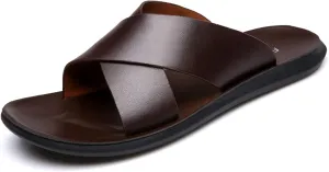 Fashion X Band Slipper For Men Solid Color Genuine Leather Open Toe Casual Slip On Beach Sandal anti-slip