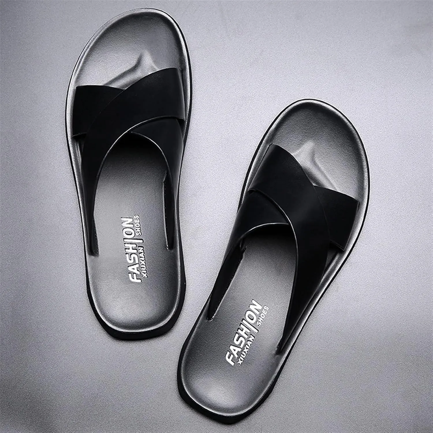 Fashion X Band Slipper For Men Solid Color Genuine Leather Open Toe Casual Slip On Beach Sandal anti-slip
