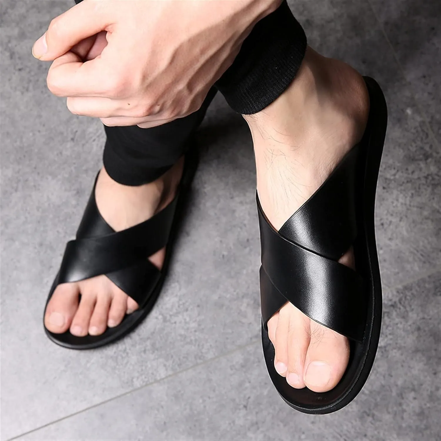 Fashion X Band Slipper For Men Solid Color Genuine Leather Open Toe Casual Slip On Beach Sandal anti-slip