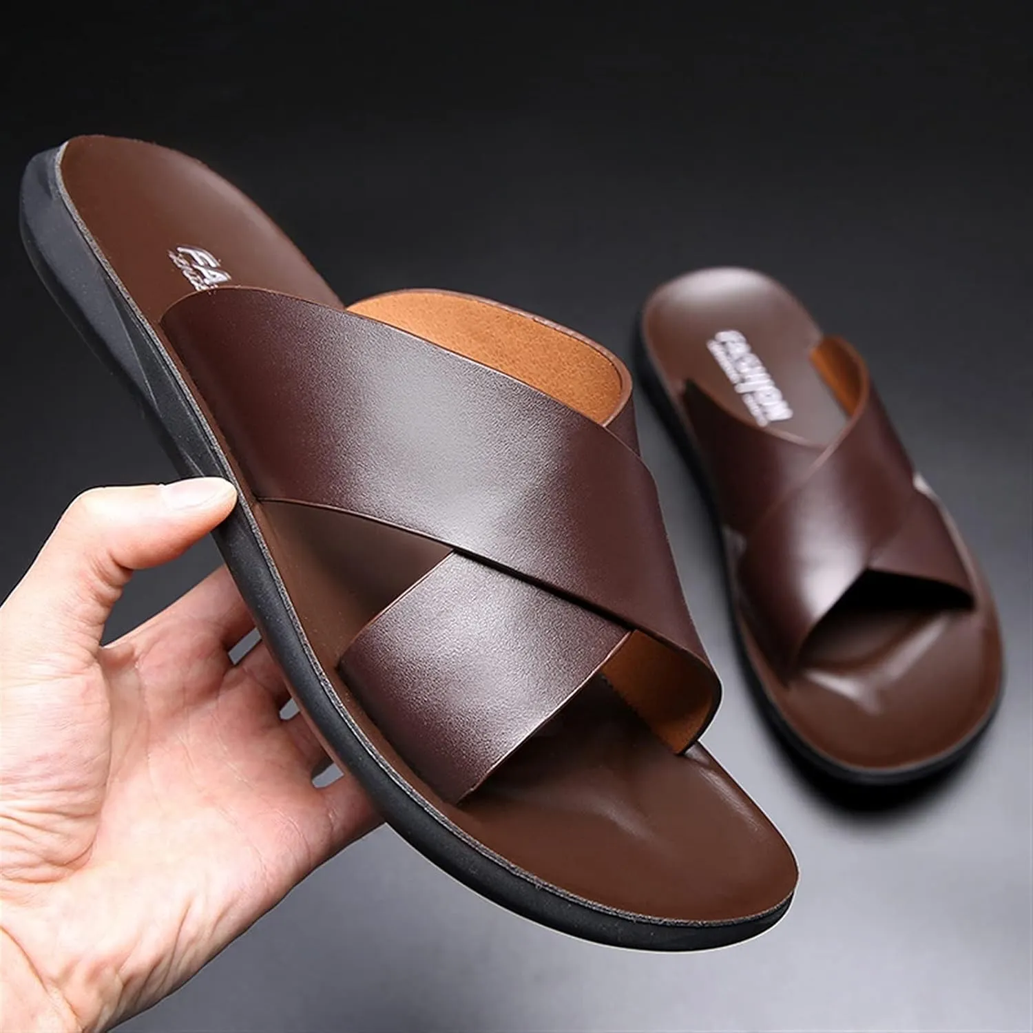 Fashion X Band Slipper For Men Solid Color Genuine Leather Open Toe Casual Slip On Beach Sandal anti-slip