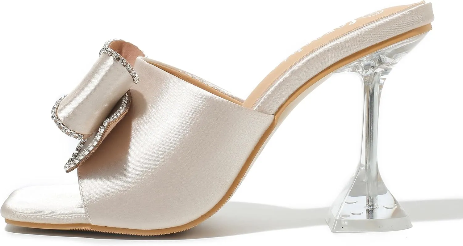 fereshte Women's Rhinestone Bow Heels Square Toe High Heeled Mule Dress Party Wedding Sandals