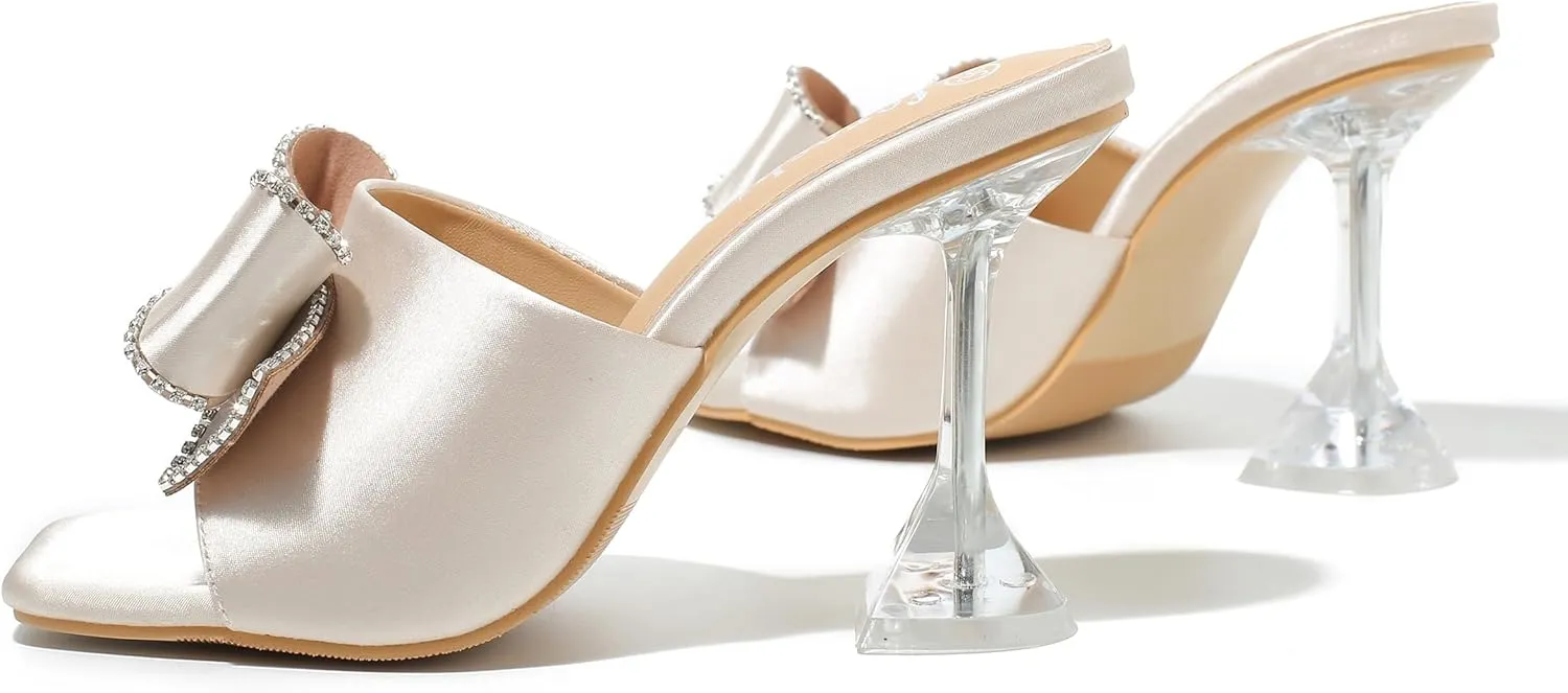 fereshte Women's Rhinestone Bow Heels Square Toe High Heeled Mule Dress Party Wedding Sandals