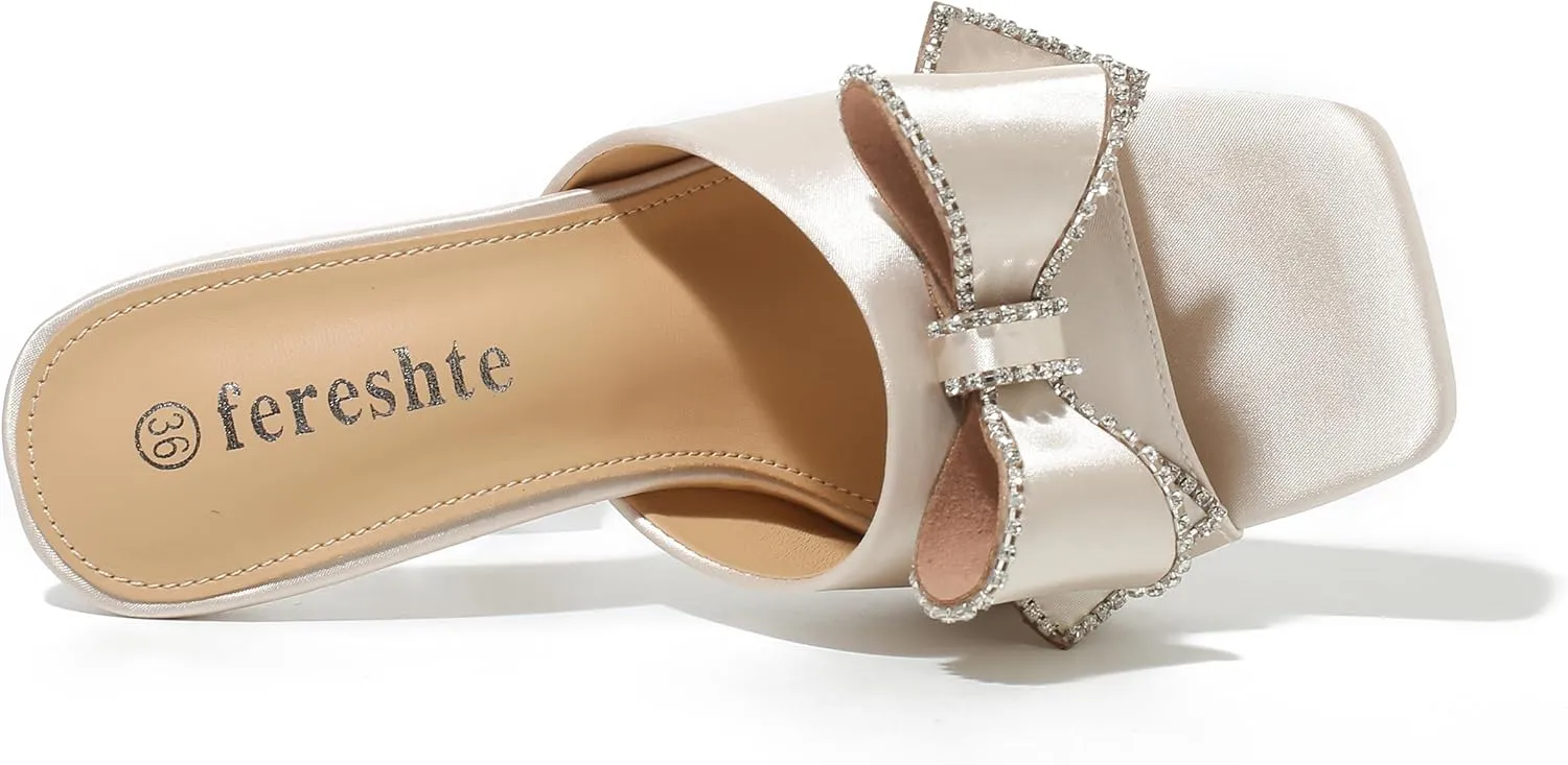 fereshte Women's Rhinestone Bow Heels Square Toe High Heeled Mule Dress Party Wedding Sandals