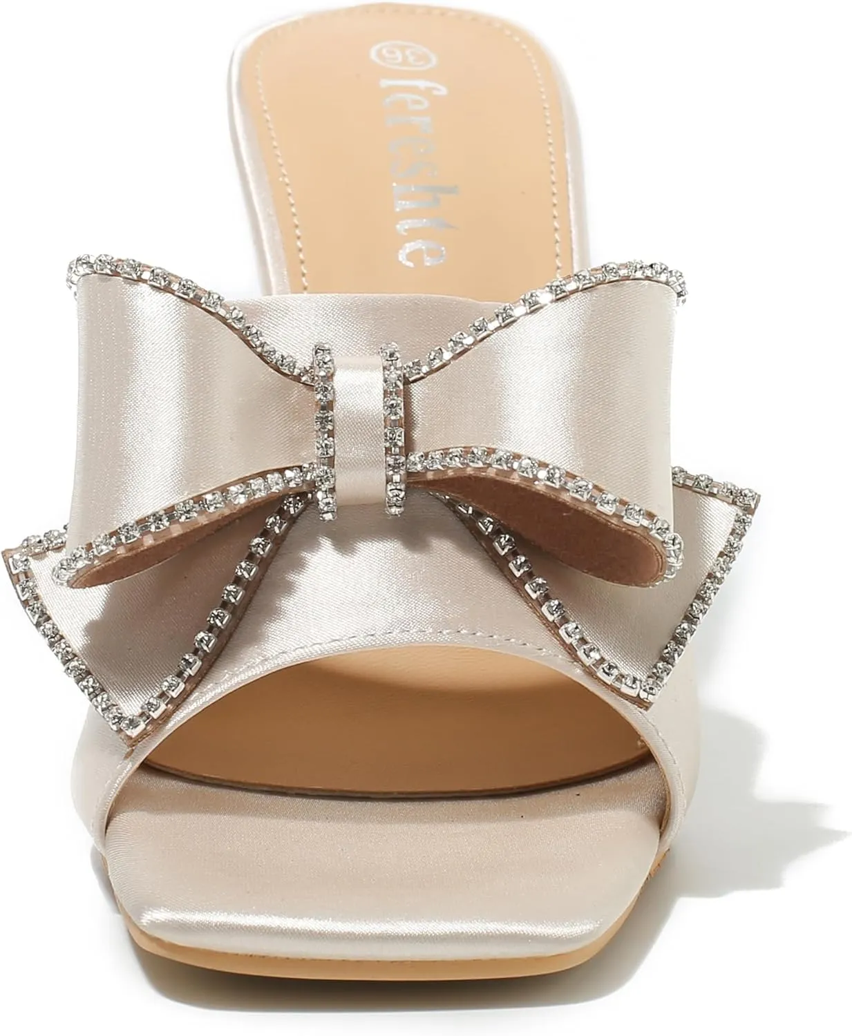 fereshte Women's Rhinestone Bow Heels Square Toe High Heeled Mule Dress Party Wedding Sandals