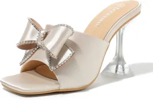 fereshte Women's Rhinestone Bow Heels Square Toe High Heeled Mule Dress Party Wedding Sandals