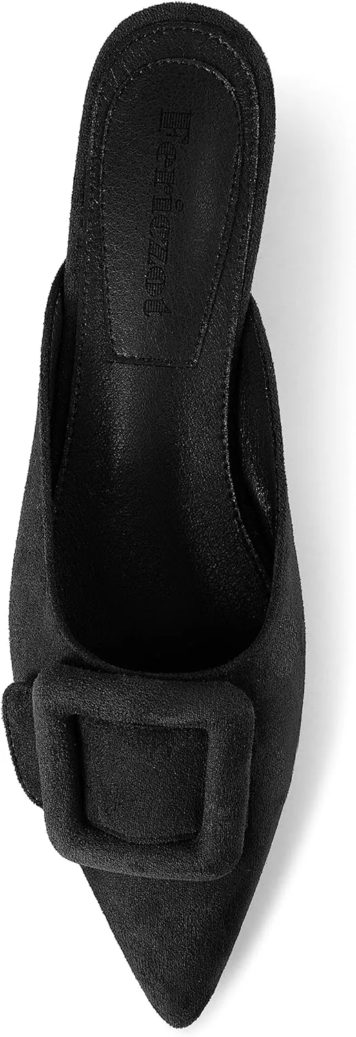 Fericzot Mule Slippers for Women,Slingback Buckle Flat Pointed Toe Backless Mule Slides Suede Slip On Loafers
