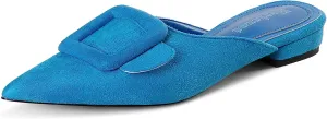 Fericzot Mule Slippers for Women,Slingback Buckle Flat Pointed Toe Backless Mule Slides Suede Slip On Loafers