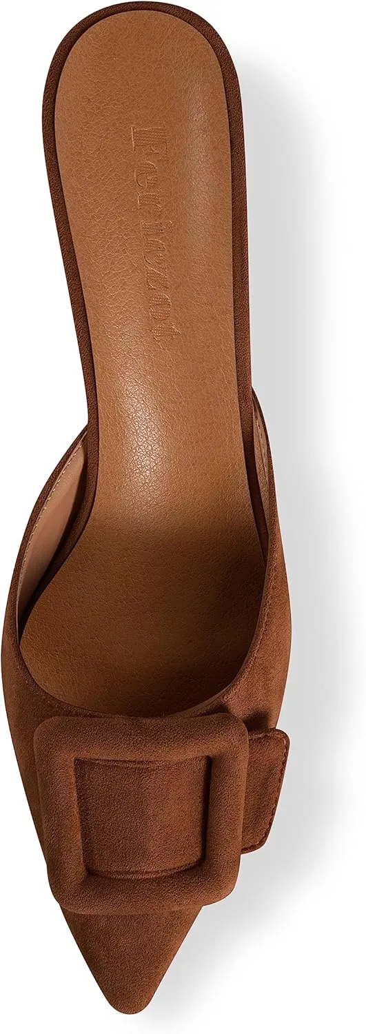 Fericzot Mule Slippers for Women,Slingback Buckle Pumps Pointed Toe Kitten Heels Shoes Slides Backless Dress Sandals
