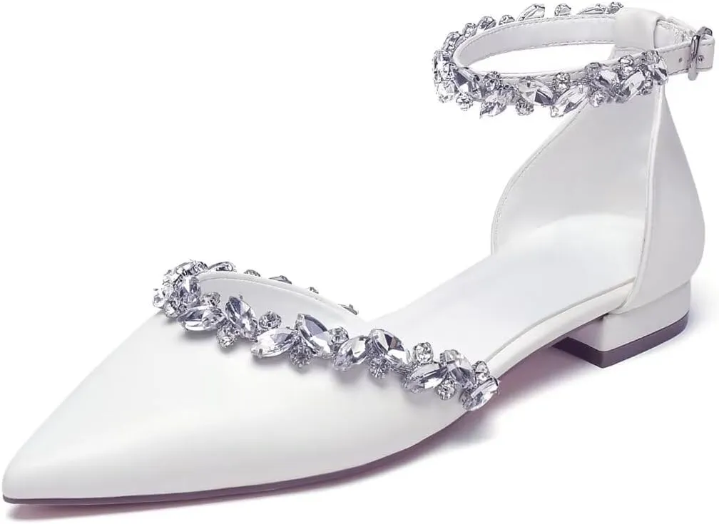 Flat Wedding Shoes for Bride Rhinestones Pointed Toe Ankle Strap Bridal Flats Women Formal Shoes