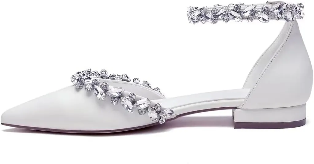 Flat Wedding Shoes for Bride Rhinestones Pointed Toe Ankle Strap Bridal Flats Women Formal Shoes