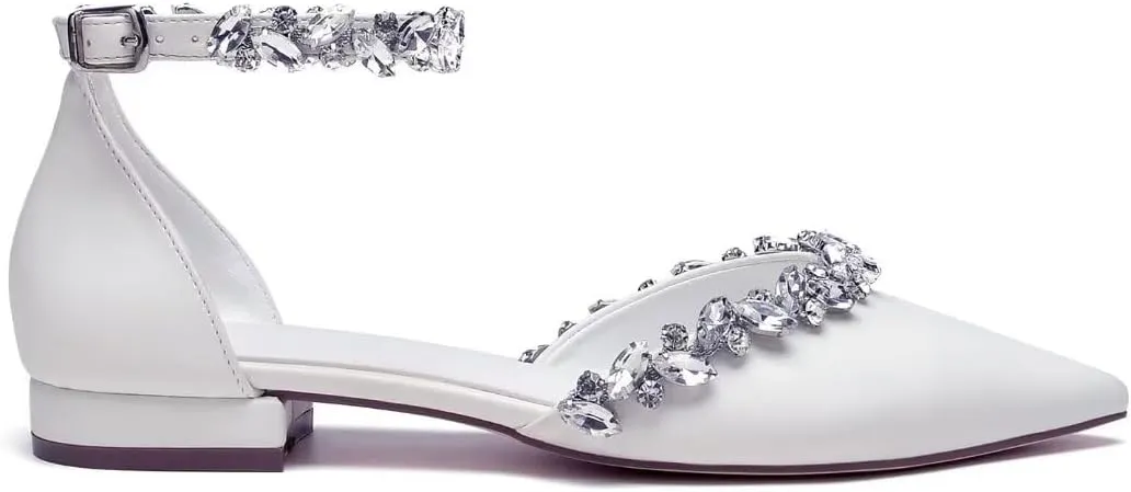 Flat Wedding Shoes for Bride Rhinestones Pointed Toe Ankle Strap Bridal Flats Women Formal Shoes
