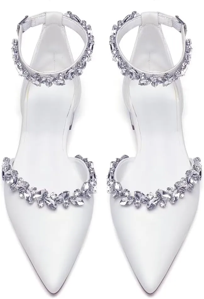 Flat Wedding Shoes for Bride Rhinestones Pointed Toe Ankle Strap Bridal Flats Women Formal Shoes