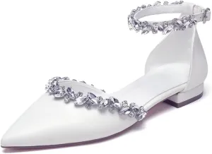 Flat Wedding Shoes for Bride Rhinestones Pointed Toe Ankle Strap Bridal Flats Women Formal Shoes