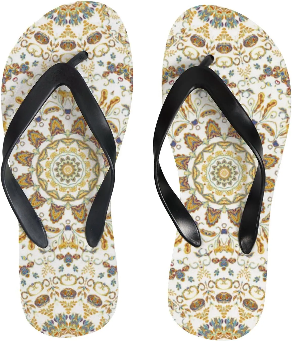 Flip Flops Sandals for Women Beach - Watercolor Traditional Geometric Pattern Casual Flat Slide Sandal Thong Slippers Shower Shoes