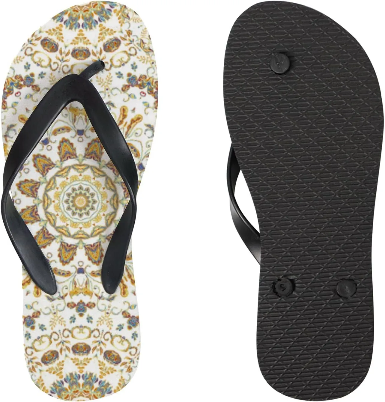 Flip Flops Sandals for Women Beach - Watercolor Traditional Geometric Pattern Casual Flat Slide Sandal Thong Slippers Shower Shoes