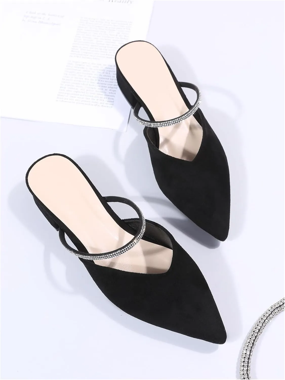 Floerns Women's Mule Heels Pointed Toe Crystal Chunky Heeled Slip on Slide Mules