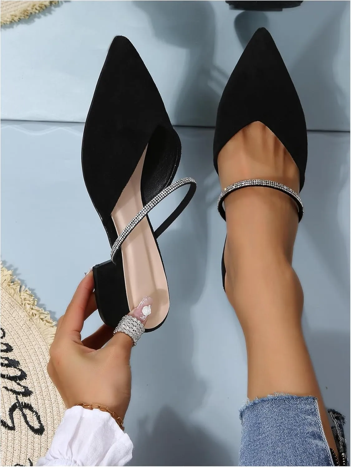 Floerns Women's Mule Heels Pointed Toe Crystal Chunky Heeled Slip on Slide Mules