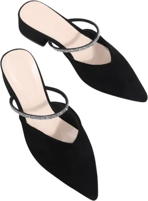 Floerns Women's Mule Heels Pointed Toe Crystal Chunky Heeled Slip on Slide Mules